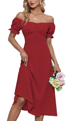 New Lyaner Off Shoulder Red M Empire Waist Tie Formal Cocktail Party Dress  Midi