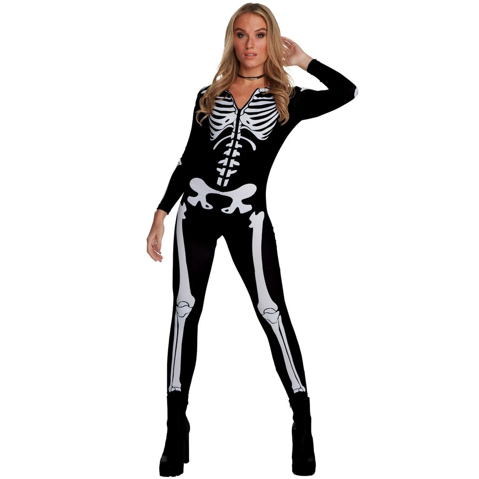 Mujer Mono Esqueleto Damas Cremallera Frontal Body Disfraz Halloween Foto 2 de 4