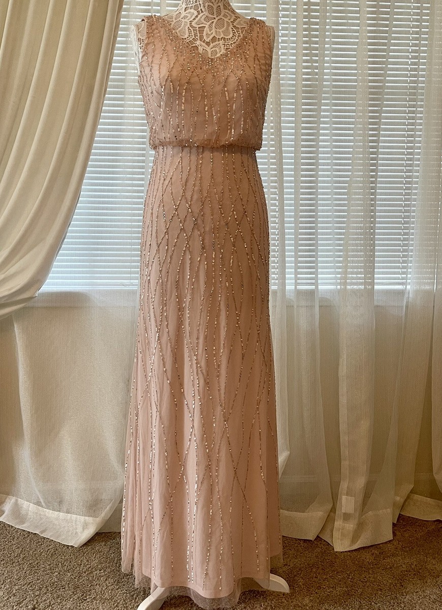 adrianna papell embroidered dress Women's Midi Fit and Flare, Apricot Ice, 4 : Clothing, Shoes & Jewelry quarter length bell sleeves trimmed in ostrich feathers add extra glam to this glittering look Pink Floral Embroidered Dupioni A