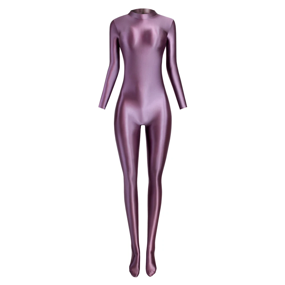 MJINM Women's Stretch Gloss Silky Jumpsuits Sport Bodysuit Short zipper Overall - Picture 16 of 30