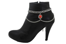 New Women Silver Metal Chain Boot Bracelet Shoe Anklet Coin Red Charm Adjustable