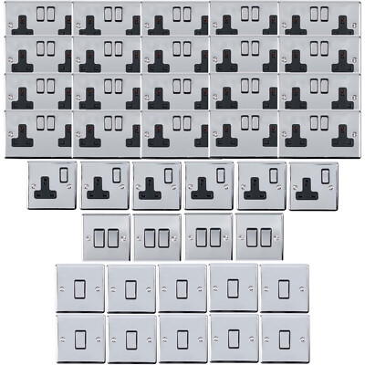 CHROM Haus Steckdose & Schalter Set -14x Licht & 26x geschaltete UK Steckdosen