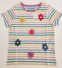 Mini Boden Girls Ivory Multi Stripe Flowers 3D effect t-shirt sz 8-9y 134 NWT