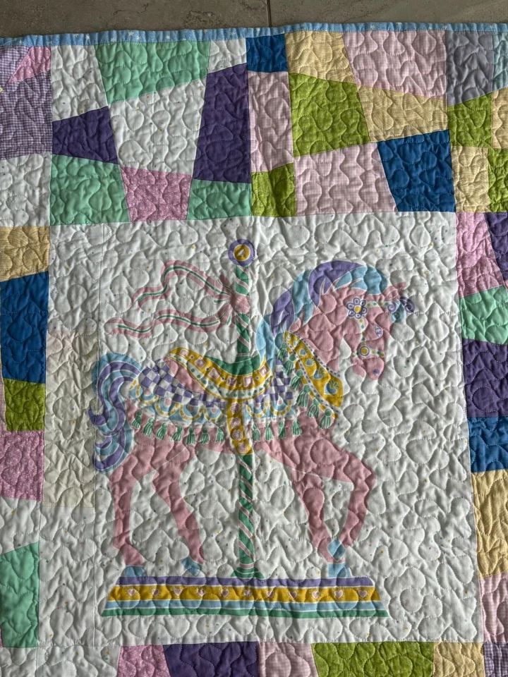 Wall Hung 39" Pastel Rainbow Carousel Horse Blanket Baby Quilt Coverlet Tapestry - Image 3 of 4