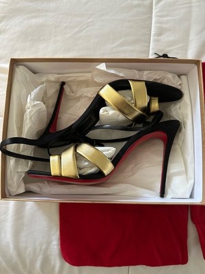 Christian Louboutin Just Me 100 Black Gold Sandal Ankle Strap Open Heel Pump 38
