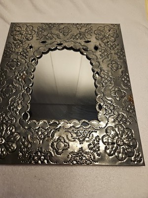 Handcrafted Mexican Folk Art Punched Tin Mirror With Floral Design 12 X 13