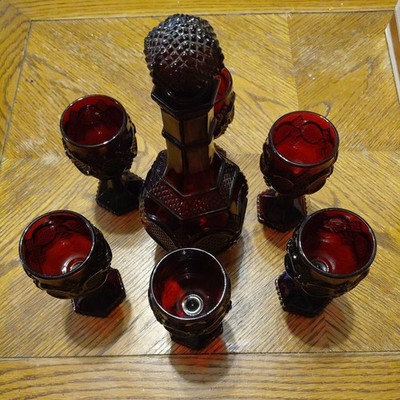 Avon 1876 Cape Code, Vtg. Ruby Red Wine Decanter & 6 Sm. Goblet Set
