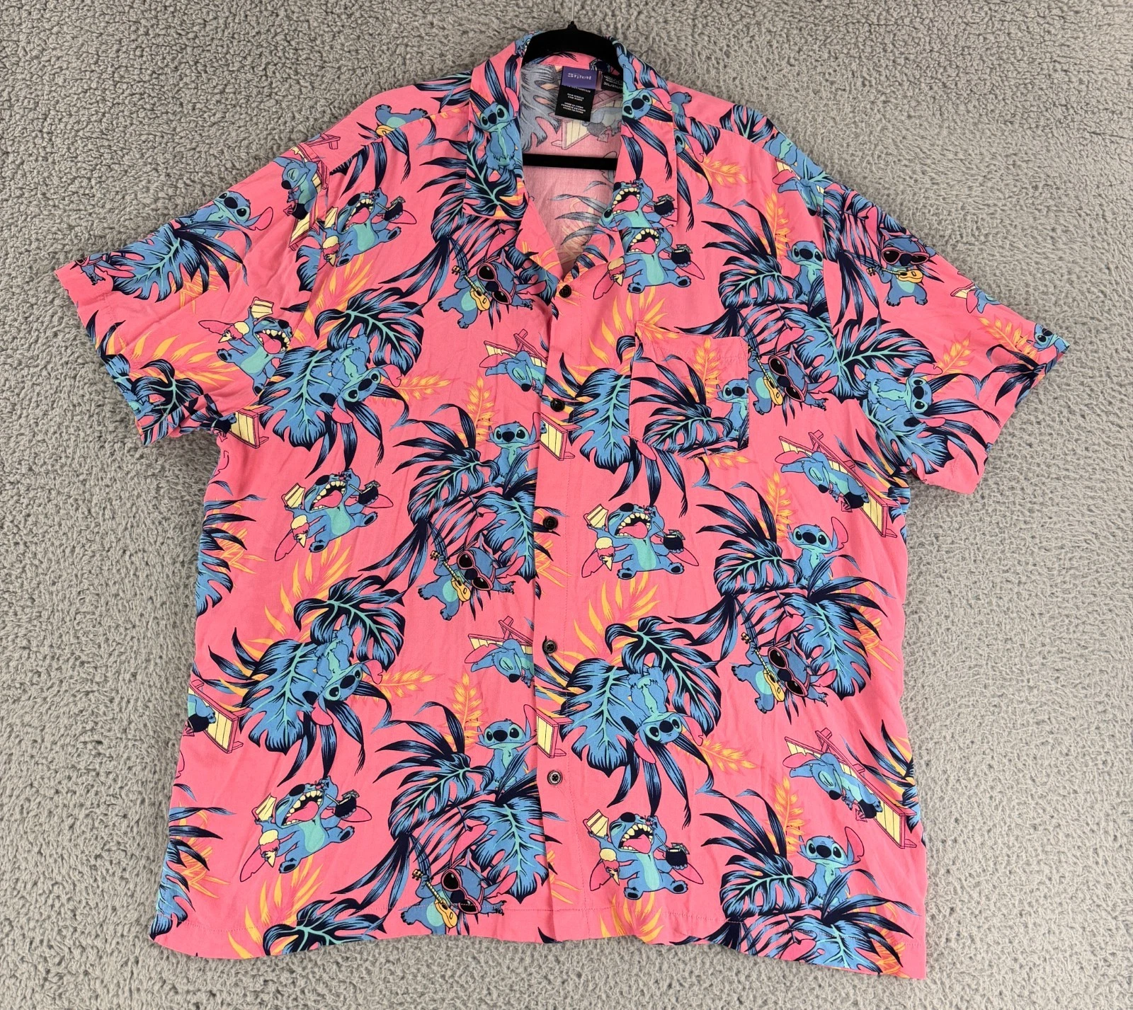 Disney Lilo & Stitch Hawaiian Shirt Mens 3XL Pink Button Up Aloha Short Sleeve