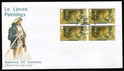 1¢ WONDER'S ~ LE LIEVRE PAINTINGS CACHET GUERNSEY FDC BLK4 1980 SARK COTTAGE~F32