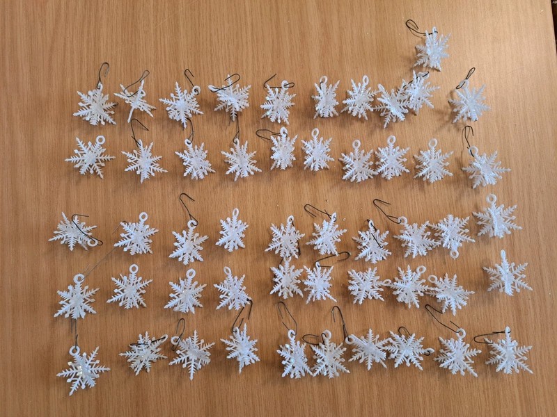 51 White Plastic Snowflake Christmas Ornaments  1 1/4" With Glitter Craft Projec