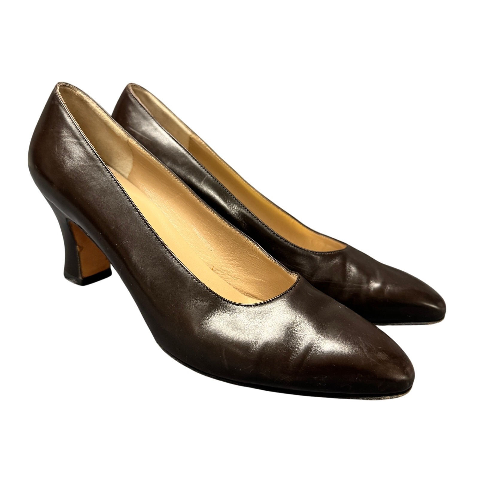 Salvatore Ferragamo Brown Leather Pumps Womens 8 B Made in Italy Slip On Heels