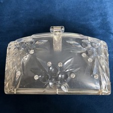 Vintage Lucite/Acrylic 1950/60's Floral Design Rhinestone Clutch - Clear Purse