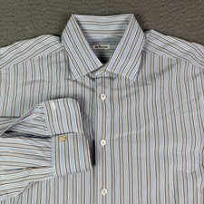 Kiton Dress Shirt Mens 17/43 Blue Striped Long Sleeve Cotton Italy Button