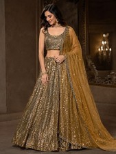 Designer Gold Sequin Lehenga Choli Indian Wedding Party Wear Lengha Dupatta Set