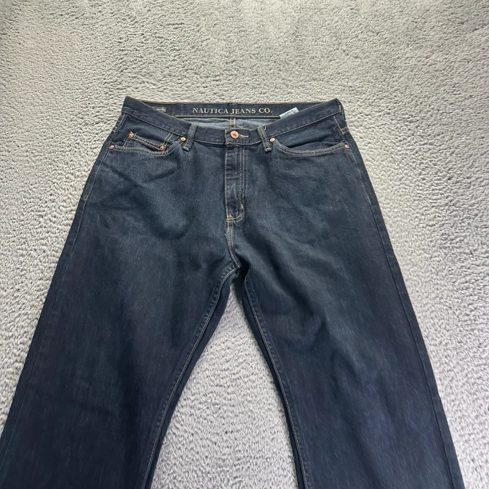 Pantalones de mezclilla Nautica para hombre 34x32 azul algodón recto relajado lavado oscuro ropa de trabajo Foto 2 de 4