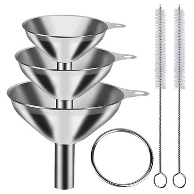 3 Stainless Steel Kitchen Funnel Set with 2 Brushes   Food Grade No-Spill Design