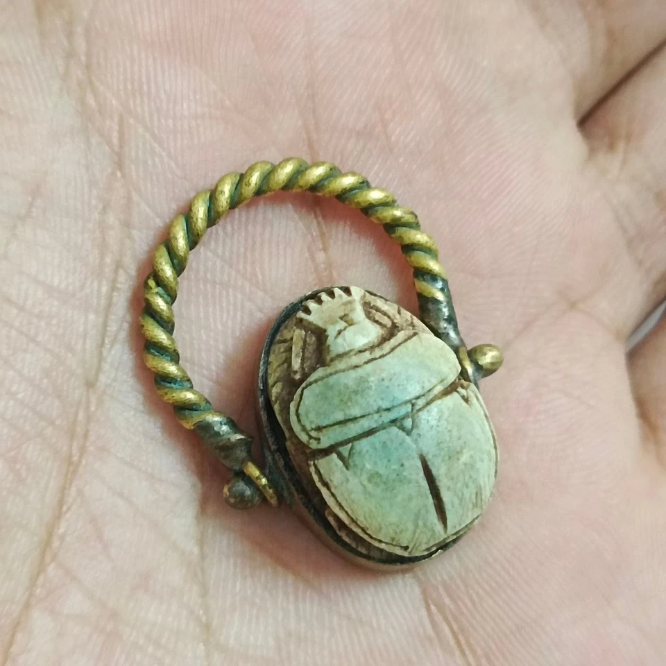 Ancient-style scarab ring with green stone carving, Egyptian handmade jewelry - image 2 of 4