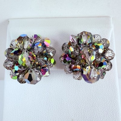 Stunning 1950s Vintage Aurora Borealis Crystal Beaded Cluster Clip on Earrings
