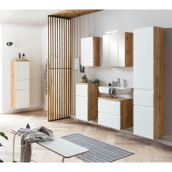 Badezimmer BadmöBel Set Weiß Eiche Beleuchtung Spiegelschrank Waschbeckenschrank-image