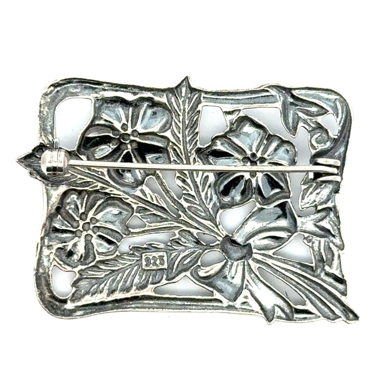 .925 Sterling Silver Rectangular Floral Brooch, 1… - image 3