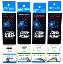 4 PACKS Eagle Claw Lazer Sharp Molded Freshwater Size 10 Snelled Worm Hook 6ct