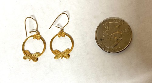 Enamel earrings. GOLD PLATE HOOP with Butterfly design- Red Enamel earrings - Picture 2 of 3
