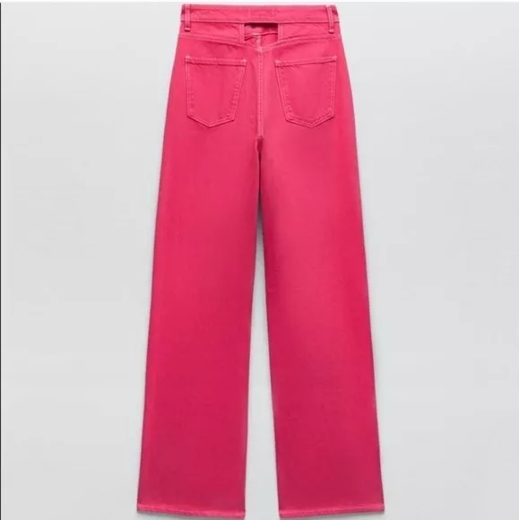 Zara womens Cutout Jeans 8 US 40 EU Pink High Rise Full Wide Leg 34 inch inseam