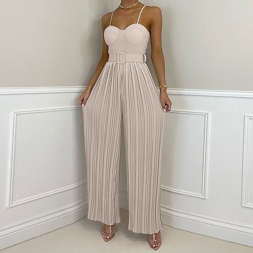 Women Sexy Sleeveless High Waist Belt Jumpsuit Wide Leg Casual Playsuit Jumpsuit - Picture 32 of 37