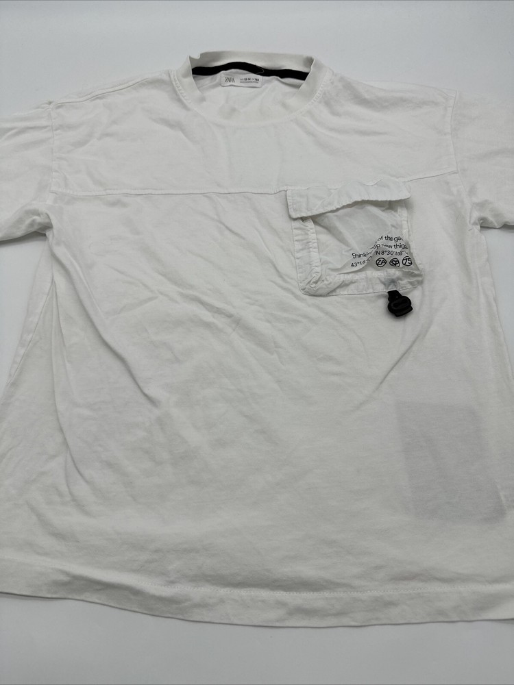 Zara T-Shirt Women Size 13-14 White Graphic Print Pocket…#11586