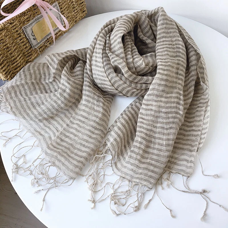 Mens 100% Flax Linen Scarf Khaki Stripe Breathable Neckerchief Stole Bandana