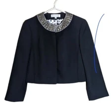 Kasper Separates Womens Jacket Crop Black Collarless Bead Trim Crop Lined Sz 6