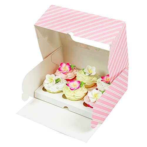 Autopopup Cupcake Box With Insert And Window Pink Striped 10 X 7 X 4 Inches 5 Co - Picture 2 of 7