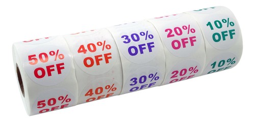 1 Set (5 Rotoli) di Etichette Sconto "10-50% OFF" (500 lbls/ea, 1,5") Senza BPA - Foto 2 di 2