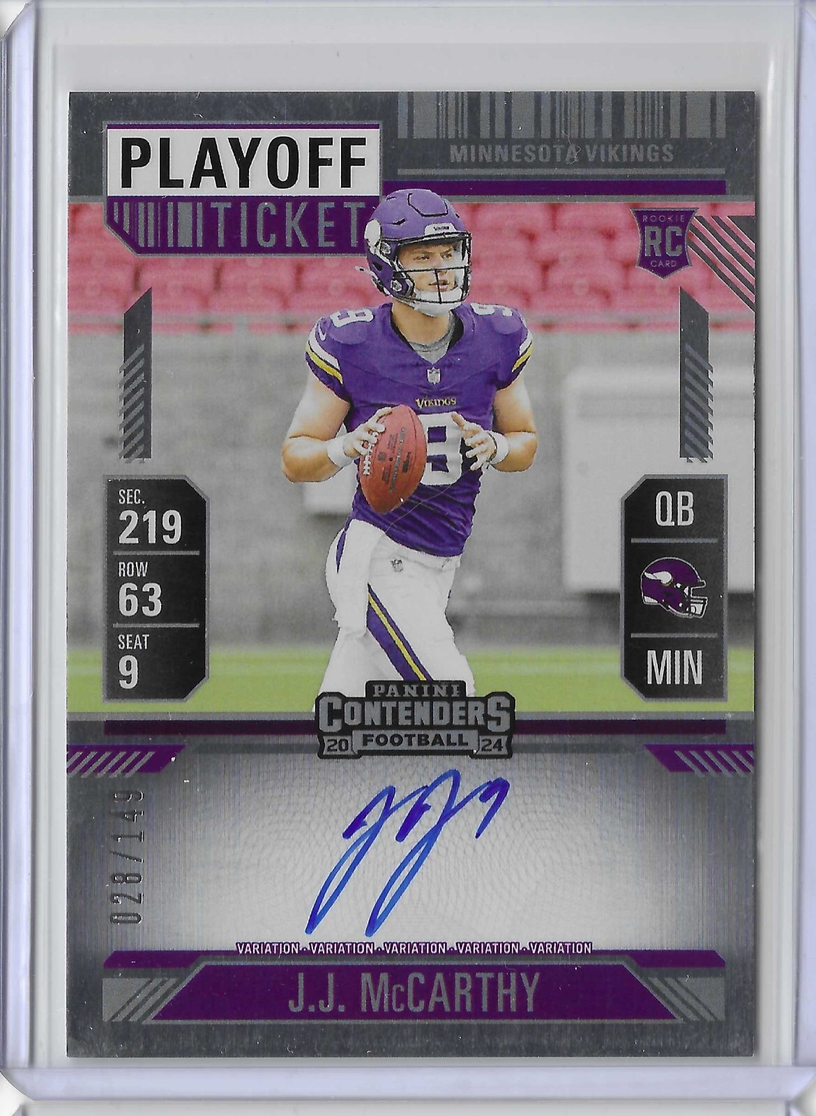 2024 Panini Contenders J.J. McCarthy Playoff Ticket Variation Auto RC 28/149