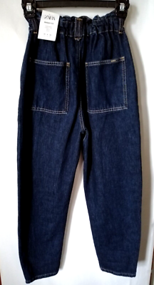 New ZARA High Rise Baggy Jeans Denim NWT Women's Size 0 Elastic Waist Dark  Blue | eBay