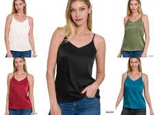 Women's V Neck Satin Cami Sleeveless Silky Smooth Shiny Tank Top Spaghetti Strap