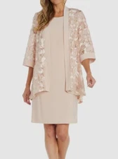R&M Richards Women's Pink Embroidered Sequin Jacket & A-Line Dress Set Size 6