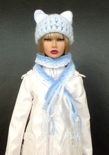 Miniature Crochet Hat&Scarf with Cat Ears for Poppy Parker, FR, Nu Face, Barbie