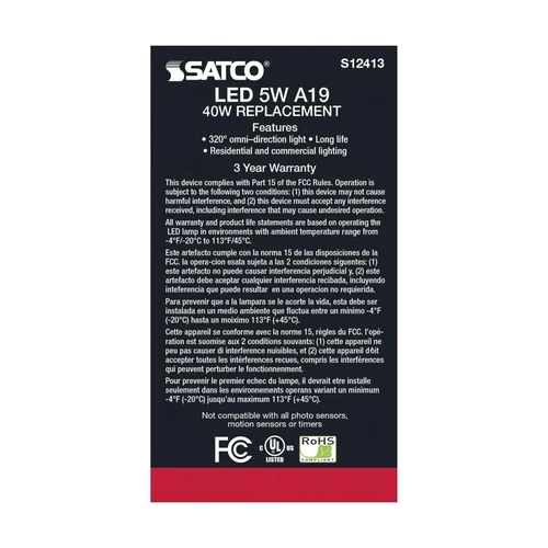 Satco S12413 - 5 Watt LED A19 Soft White LED Bulbs - 3000K - 120 Volt (6 pack) - Picture 3 of 6