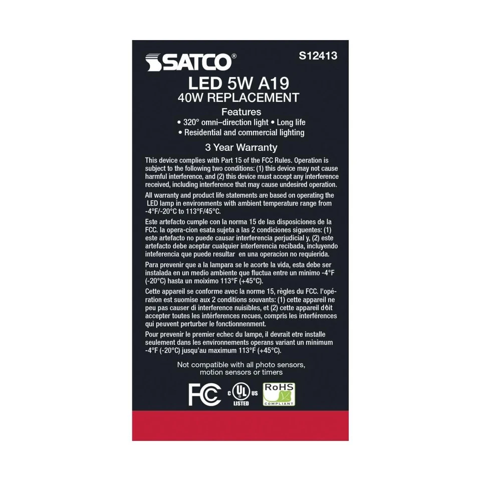 Satco S12413 - 5 Watt LED A19 Soft White LED Bulbs - 3000K - 120 Volt (6 pack) - Image 3 of 4