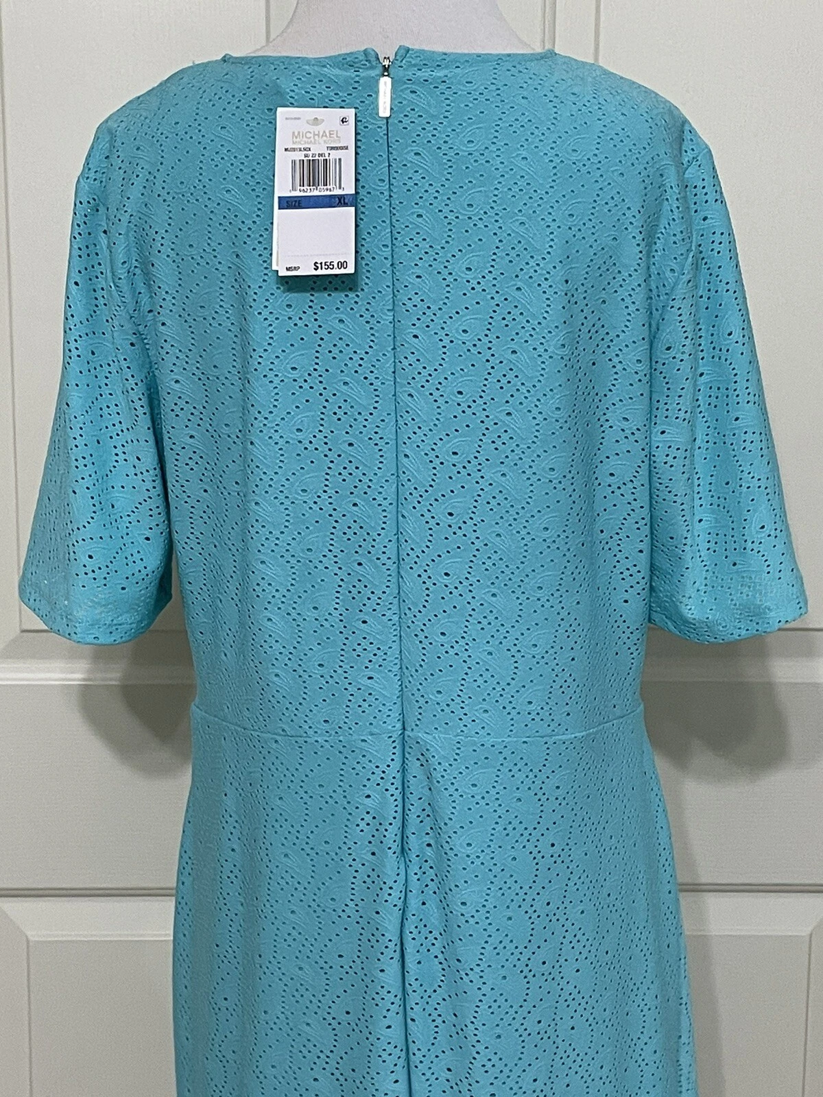 Abito Michael Kors taglia XL turchese manica corta volant aderente e svasato $155 nuovo con etichette
