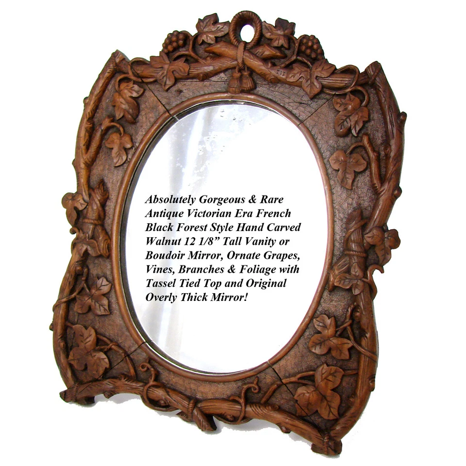 "Espejo tocador o tocador antiguo estilo Selva Negra de 12"", follaje ornamentado, firmado" Foto 2 de 4