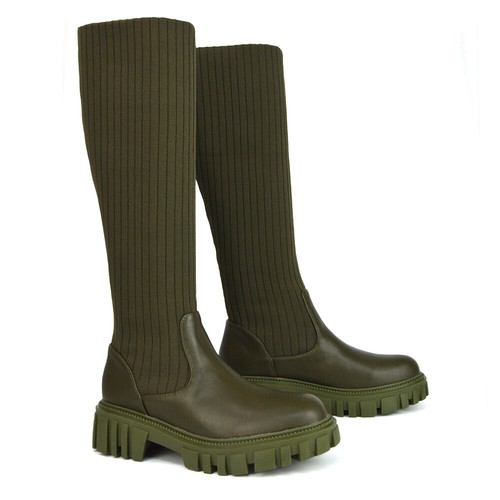 Womens Knee High Boots Ladies Chunky Grip Sole Winter Knit Sock Biker size 3-8 - Picture 18 of 19