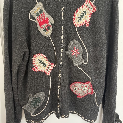 Cardigan Embroidered Wool Blend Gray Sweater Grandma Rabbit Hair Cottage XL - Picture 4 of 18