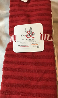 THYME & SAGE KITCHEN  TEA TOWELS (4) RED  GRAY WHITE STRIPES NWT