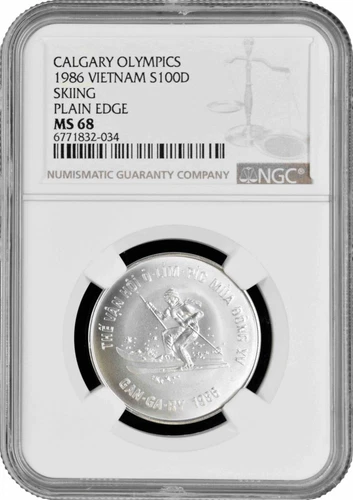 Vietnam 100 dong 1986, NGC MS68, "Calgary Olympics - Skiing" silver coin