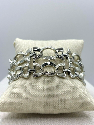 Vintage Coro zweireihiges strukturiertes und glattes silberfarbenes Gliederarmband - Bild 4 von 16