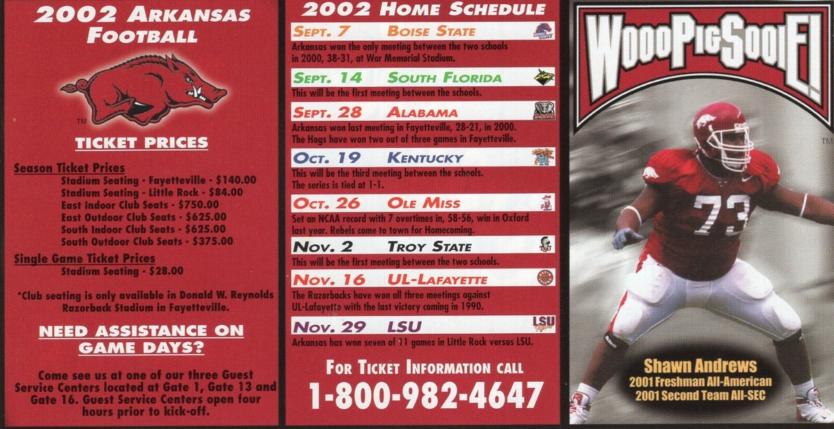 Arkansas Razorbacks SEC Football 2002 Pocket Schedule Shawn