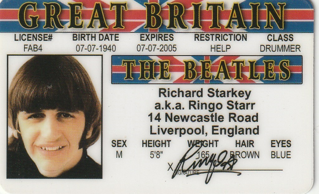 稀少UK極品1桁リンゴスターRingoStarrビートルズBeatlesレコード the Beatles Ringo Starr Identification fun fake ID card star John