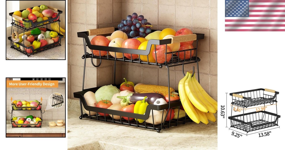 2 Tier Fruit Basket with Banana Hangers Metal Organizer Kitchen